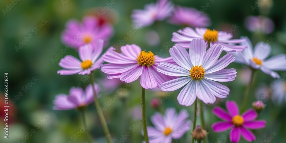 Garden cosmos flowers in soft focus with blurred background, floral arrangement, nature photography Garden cosmos flowers in soft focus with blurred background, floral arrangement, nature photography