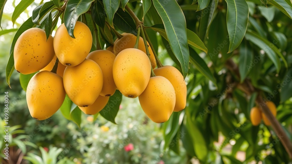 A group of yellow ripe mangoes hanging from the tree's leaves in a serene garden atmosphere, gentle light, ripe mangoes A group of yellow ripe mangoes hanging from the tree's leaves in a serene garden atmosphere, gentle light, ripe mangoes