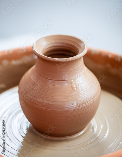 Wet clay pot on potter's wheel. Hand crafted art. photo