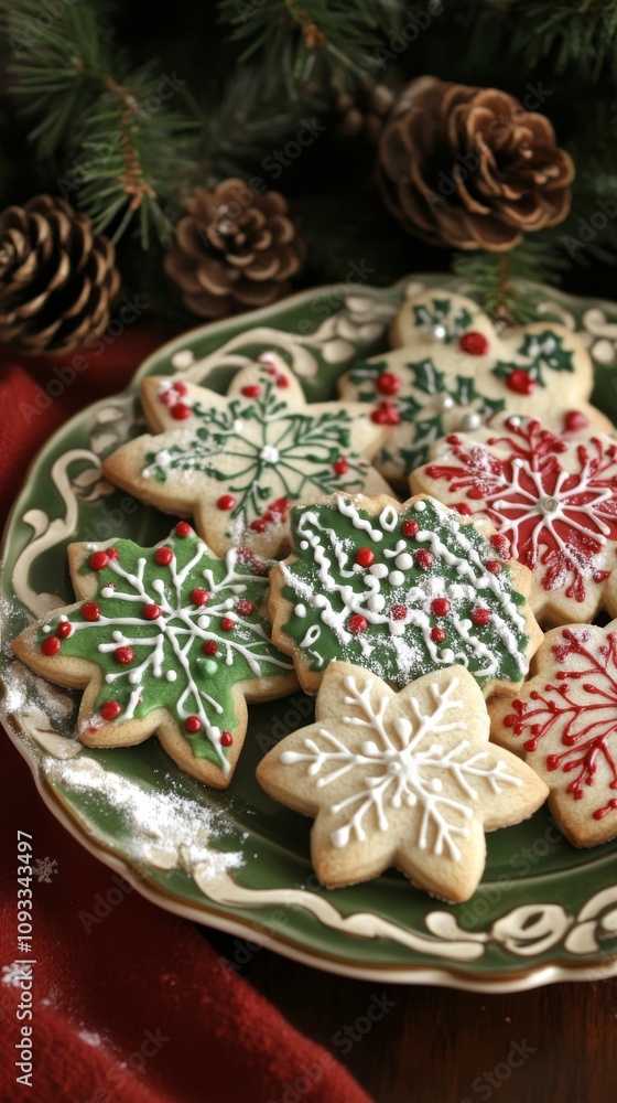 Festive Holiday Cookies Decorated with Icing and Sprinkles on a Plate Surrounded by Pine Branches and Pinecones Festive Holiday Cookies Decorated with Icing and Sprinkles on a Plate Surrounded by Pine Branches and Pinecones