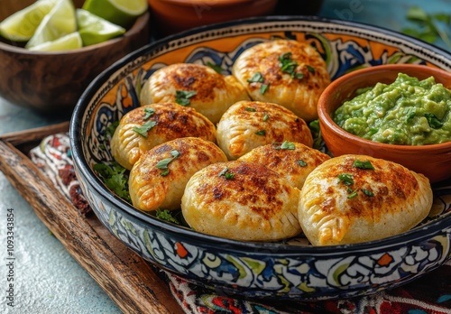 Wallpaper Mural Deliciously Golden-Crispy Empanadas Served with Fresh Guacamole and Lime Wedges in a Colorful Bowl on a Rustic Wooden Tray Torontodigital.ca