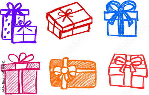 Presents and Gifts Crayon Chalk Drawing Vector Set