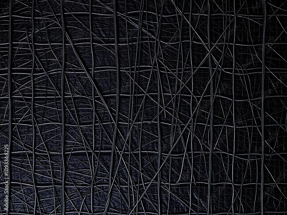A mesh of fine threads creates an intricate network of texture on a black leather lattice background, industrial weave, fabric weave, lattice design A mesh of fine threads creates an intricate network of texture on a black leather lattice background, industrial weave, fabric weave, lattice design