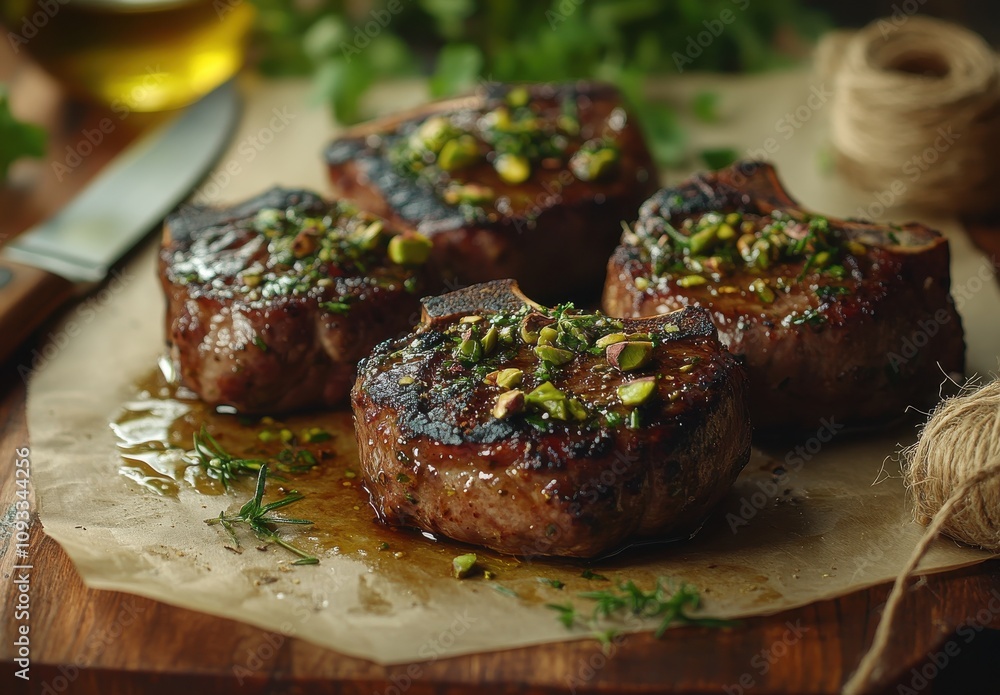 Deliciously Grilled Lamb Chops with Chopped Pistachios and Fresh Herbs on Wooden Board Surrounded by Olive Oil and Decorative Twine Deliciously Grilled Lamb Chops with Chopped Pistachios and Fresh Herbs on Wooden Board Surrounded by Olive Oil and Decorative Twine