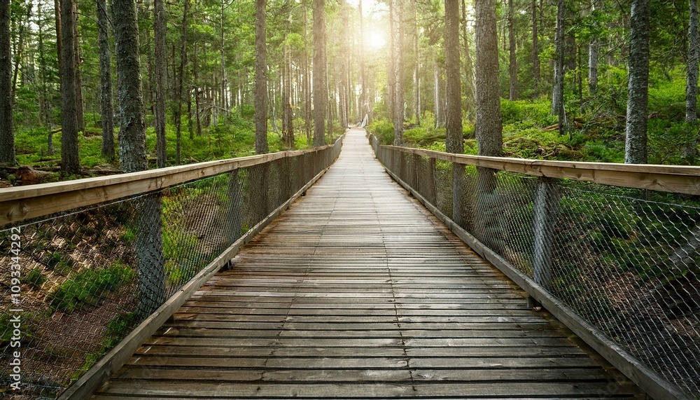 Obraz premium 푸른 숲속을 따라 이어진 나무데크 산책로