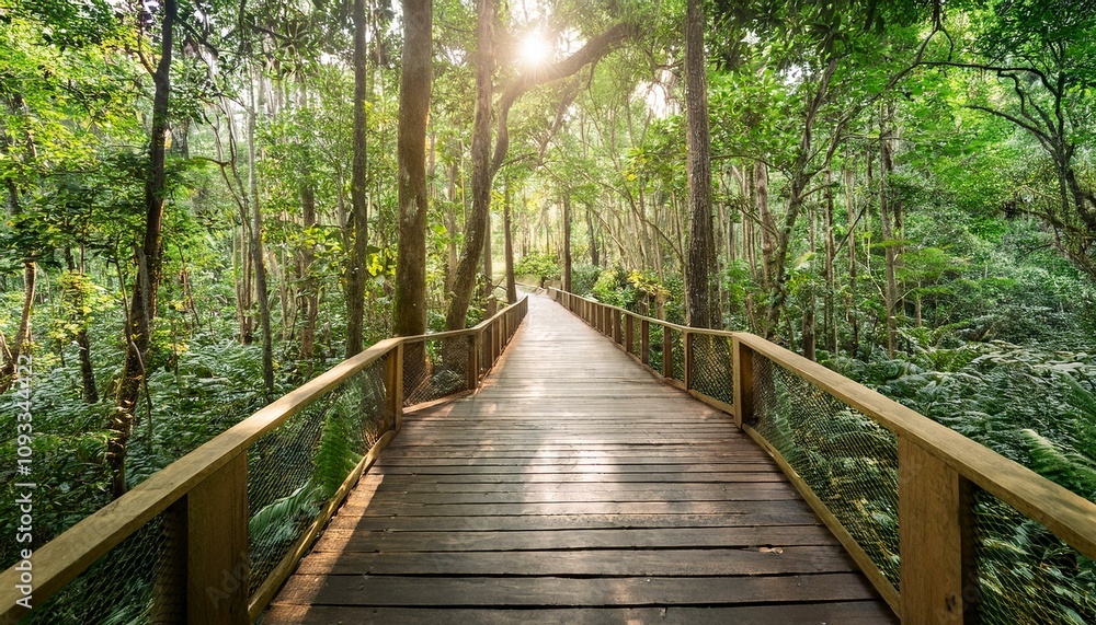 Obraz premium 푸른 숲속을 따라 이어진 나무데크 산책로