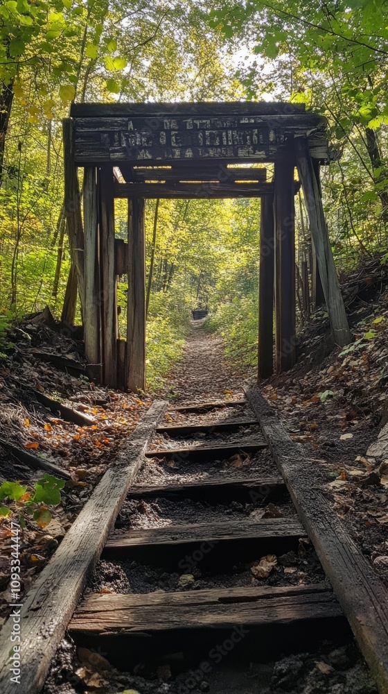 Abandoned railway track leading through a vibrant forest with sunlight filtering through the trees and an old wooden bridge overhead Abandoned railway track leading through a vibrant forest with sunlight filtering through the trees and an old wooden bridge overhead