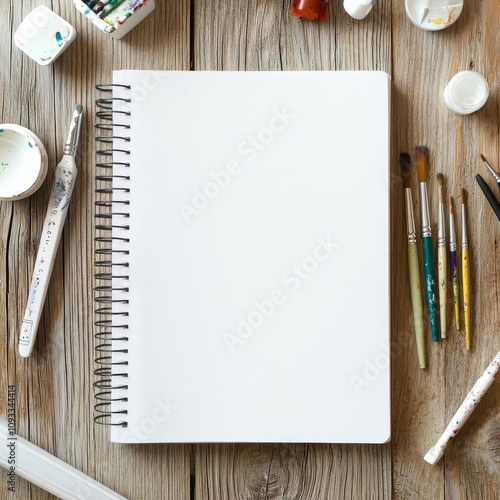 Minimalistic empty sketchbook on a rustic wooden table, surrounded by art supplies in soft light, emphasizing creative potential photo