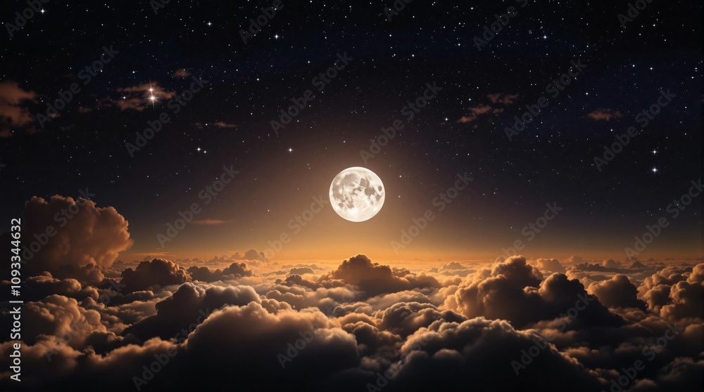 Hyper-detailed night sky in a surreal style, featuring a brilliant full moon casting soft light over ethereal clouds and shimmering stars, with a dreamy and serene atmosphere Hyper-detailed night sky in a surreal style, featuring a brilliant full moon casting soft light over ethereal clouds and shimmering stars, with a dreamy and serene atmosphere