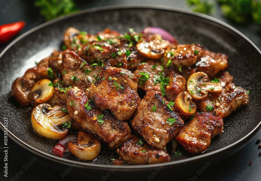 Deliciously Seared Beef Steaks Sautéed with Fresh Mushrooms and Garnished with Green Herbs on a Dark Plate Perfect for Gastronomic Photography Deliciously Seared Beef Steaks Sautéed with Fresh Mushrooms and Garnished with Green Herbs on a Dark Plate Perfect for Gastronomic Photography