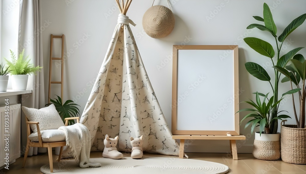 A white teepee tent with a patterned design, a wooden frame, and a round woven decoration hanging above it. A white teepee tent with a patterned design, a wooden frame, and a round woven decoration hanging above it.
