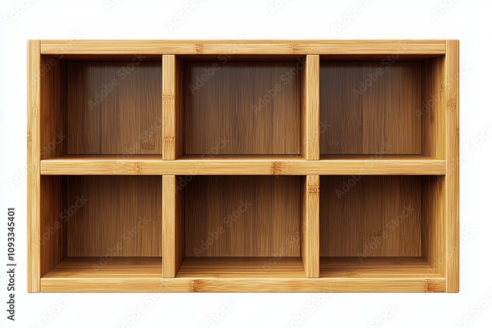 Stylish wooden shelving unit with six compartments on a white isolated background. Stylish wooden shelving unit with six compartments on a white isolated background.