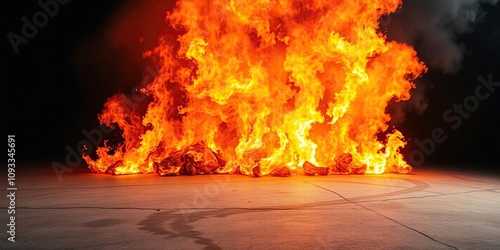 A raging inferno burns fiercely above a bare concrete floor with flames shooting upwards in powerful blasts of heat and light, blaze, chaos, heat photo