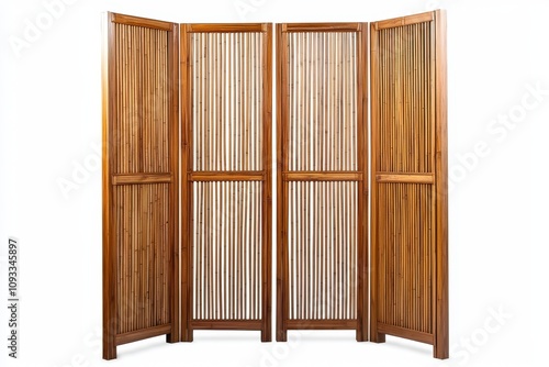 Foldable wooden bamboo room divider with a natural slatted design isolated on a white background.