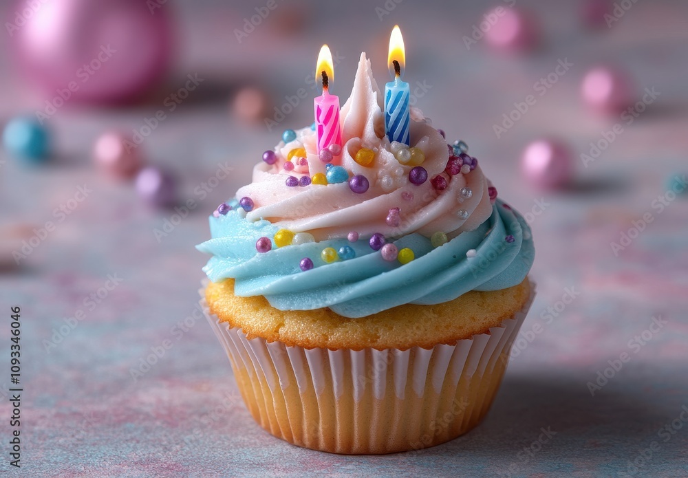 Delightful Birthday Cupcake with Colorful Frosting and Candles for Celebration, Perfect for Parties, Treats, and Festive Gatherings in Vibrant Atmosphere Delightful Birthday Cupcake with Colorful Frosting and Candles for Celebration, Perfect for Parties, Treats, and Festive Gatherings in Vibrant Atmosphere