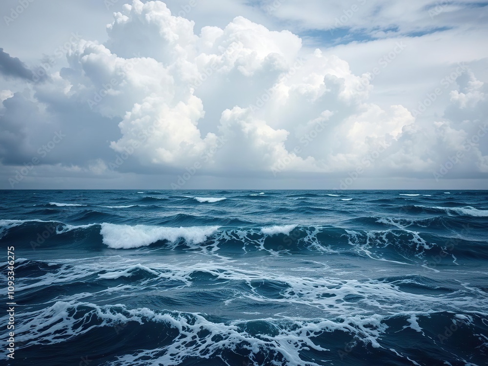 Fototapeta premium A seascape with towering clouds and ocean waves that seem to be swirling in a hypnotic dance, blue ocean, gentle lapping of the waves, driftwood