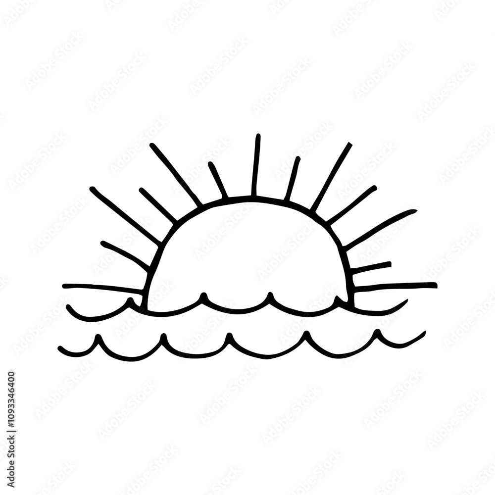 Single element of sun in doodle. Hand drawn vector illustration for greeting cards, stickers and seasonal design. Setting sun, sunset at sea. Single element of sun in doodle. Hand drawn vector illustration for greeting cards, stickers and seasonal design. Setting sun, sunset at sea.
