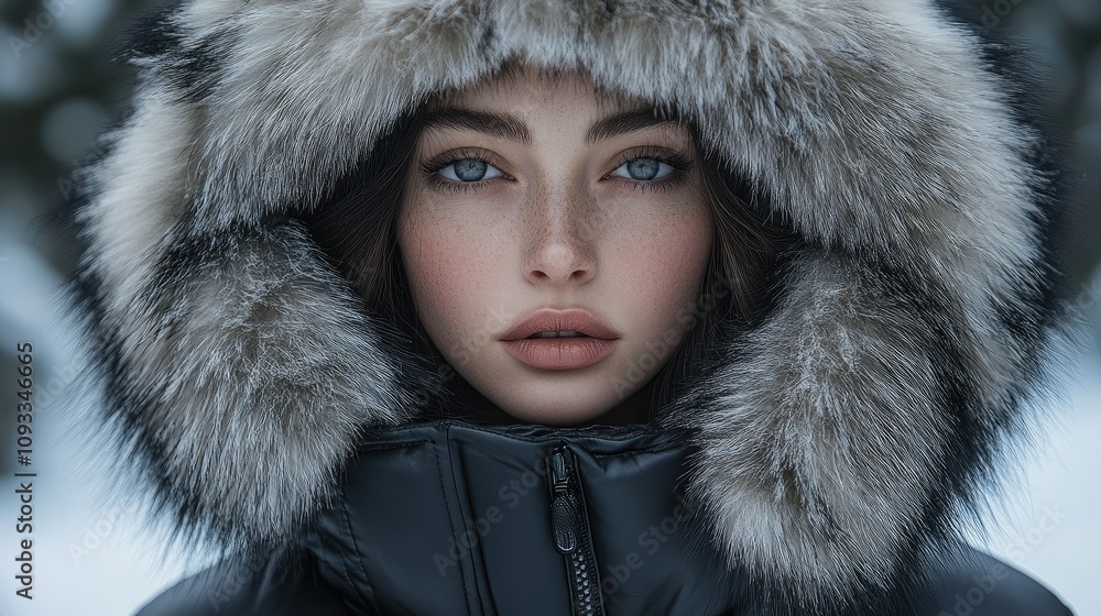 A close-up portrait of a young woman in a winter coat with a fur-lined hood against a snowy backdrop. A close-up portrait of a young woman in a winter coat with a fur-lined hood against a snowy backdrop.