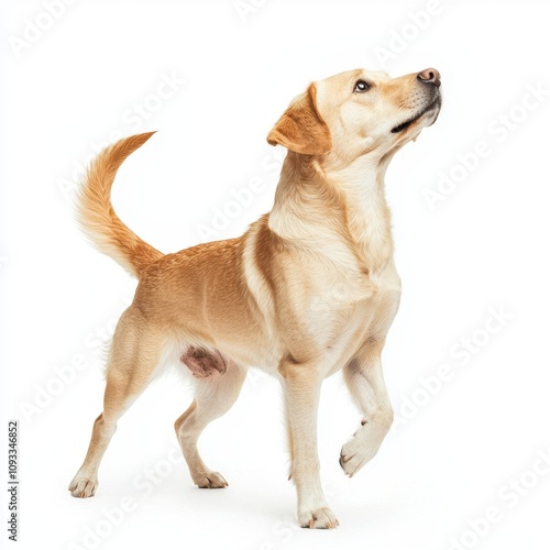 A cheerful golden labrador dog standing on a white background, looking up with curiosity. photo