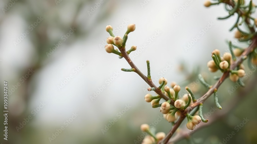 Juniper seed-producing branchlets in close-up, branching stem, plant reproduction, juniper microstrobes Juniper seed-producing branchlets in close-up, branching stem, plant reproduction, juniper microstrobes