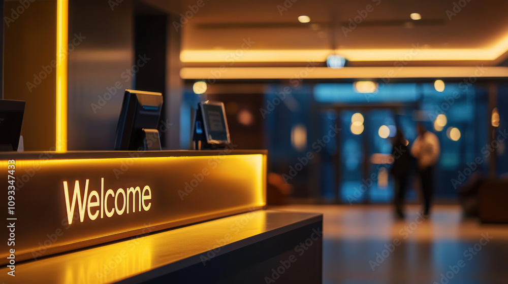Reception desk with glowing Welcome sign in modern lobby, creating warm and inviting atmosphere for guests. Soft lighting enhances ambiance Reception desk with glowing Welcome sign in modern lobby, creating warm and inviting atmosphere for guests. Soft lighting enhances ambiance