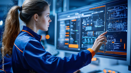 Female Engineer Working with SCADA System in Control Room