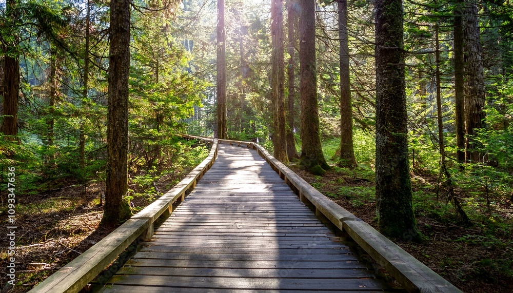 Obraz premium 푸른 숲속을 따라 이어진 나무데크 산책로