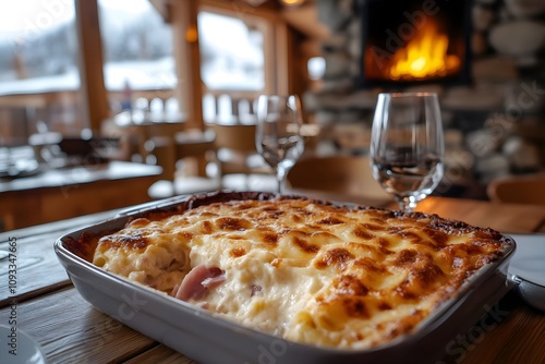 Wallpaper Mural Gratin de Crozets in a rectangular dish, golden crust removed to reveal creamy pasta and ham, on a wooden table in a cozy French chalet with a glowing chimney Torontodigital.ca