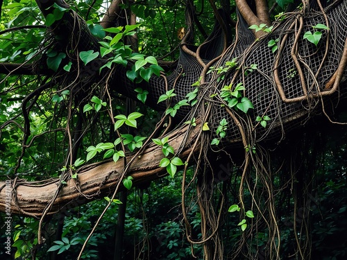 A tangle of jungle vines and lianas covering a large branch like a living mesh, flora, vines, tangled photo