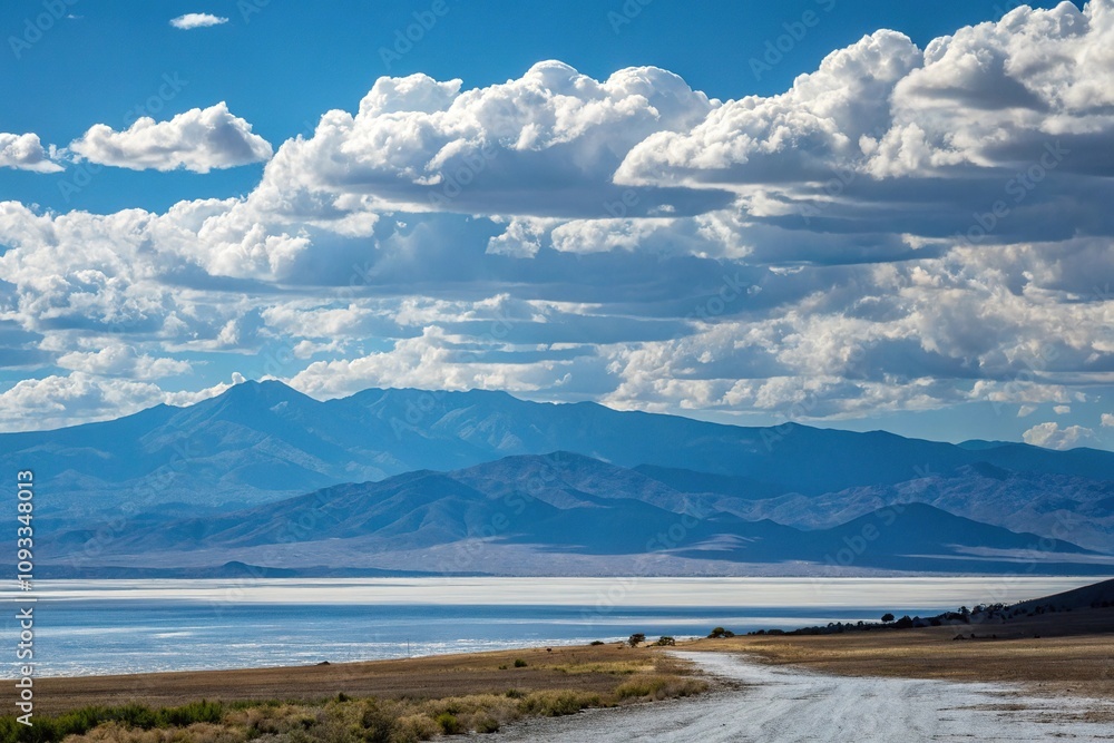 A vast blue expanse with mountains and clouds in the distance, outdoors, landscape, natural beauty, clouds, scenic view A vast blue expanse with mountains and clouds in the distance, outdoors, landscape, natural beauty, clouds, scenic view