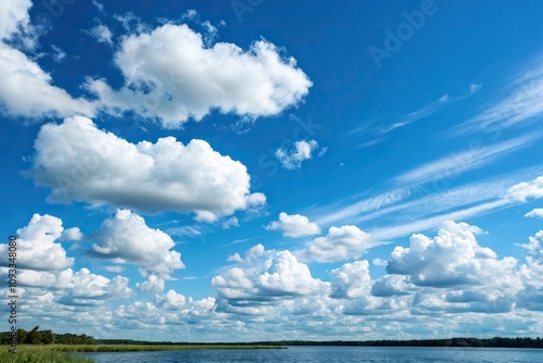 A vast expanse of cerulean blue with cotton-like cumulus clouds drifting lazily across the sky, landscape, cumulus clouds photo