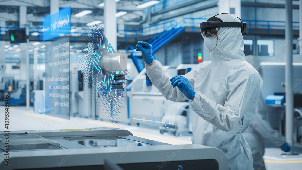 Sterile Coverall Wearing Engineer Uses Augmented Reality Headset to Interact With 3D Holographic Model of Silicon Microchip in Manufacturing Facility, Engineering of Personal Computer Hardware Sterile Coverall Wearing Engineer Uses Augmented Reality Headset to Interact With 3D Holographic Model of Silicon Microchip in Manufacturing Facility, Engineering of Personal Computer Hardware