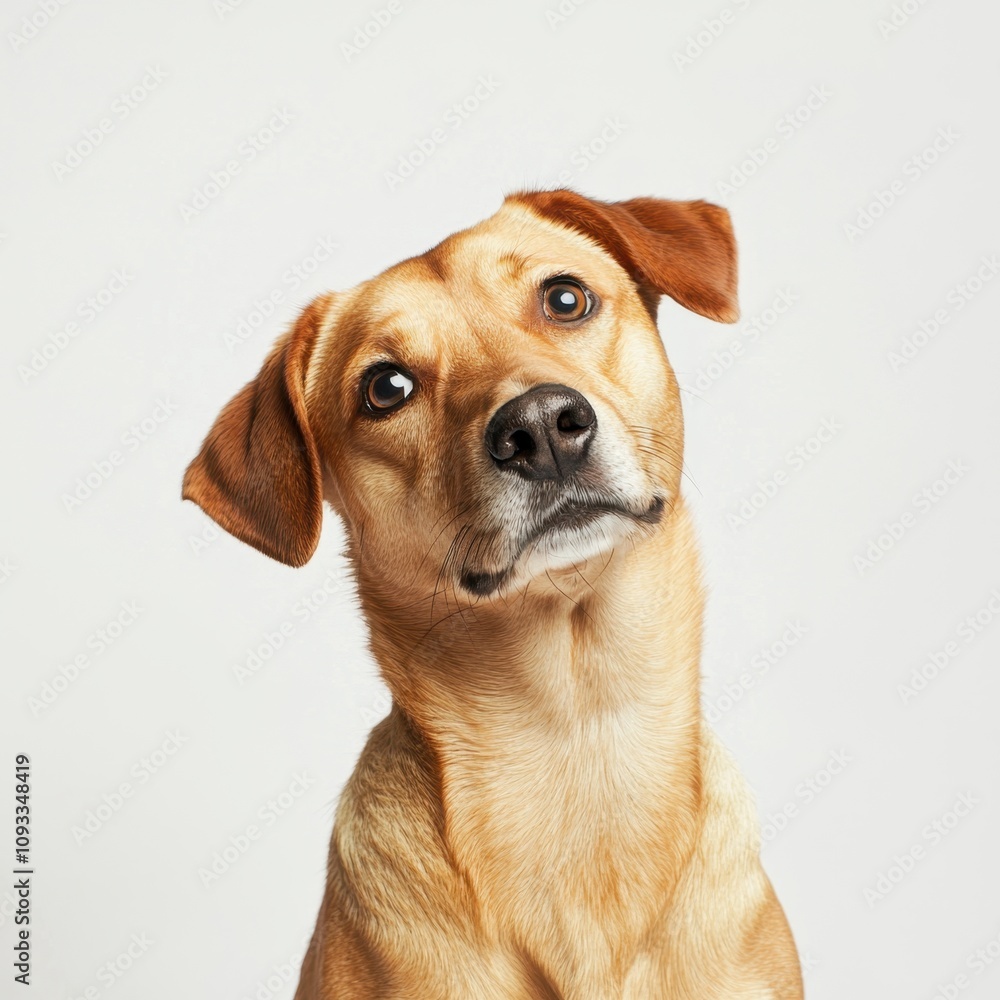 A curious dog with a tilted head against a white isolated background.
