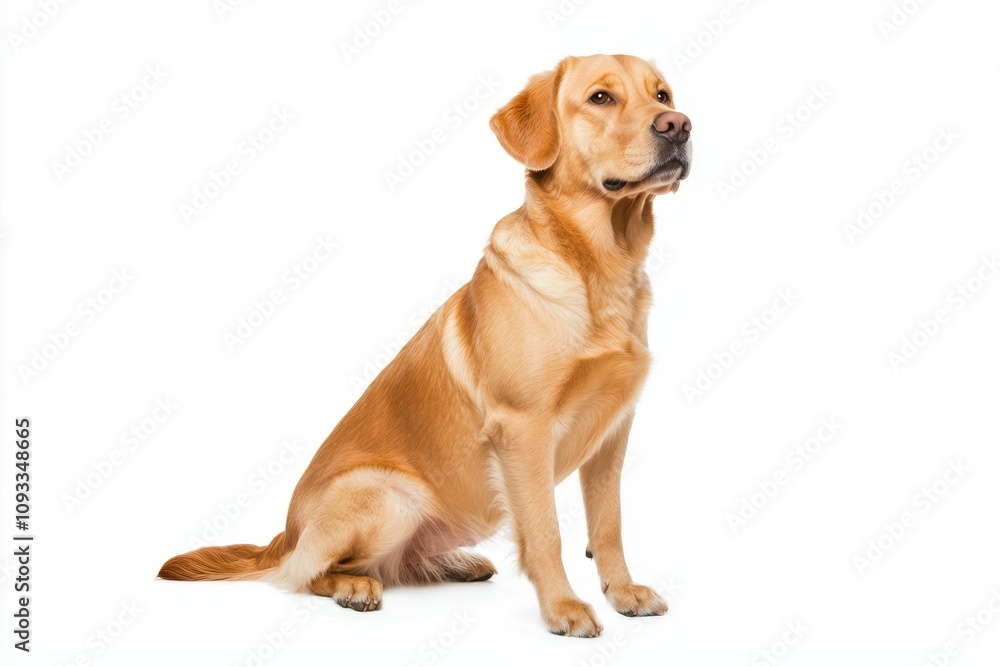 A friendly golden Labrador retriever dog sitting on a white background, looking attentive and alert. A friendly golden Labrador retriever dog sitting on a white background, looking attentive and alert.
