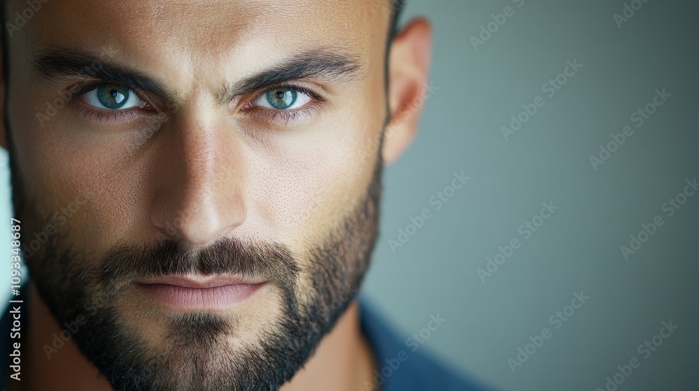 Fototapeta premium A Striking CloseUp Portrait of an Exceptionally Handsome Man Featuring Stunning Blue Eyes and a Full Beard