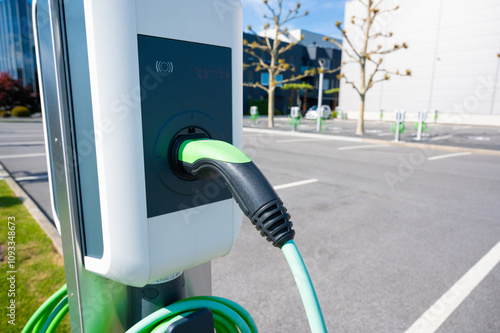 Electric car charging station. Parking lot near a modern enterprise.