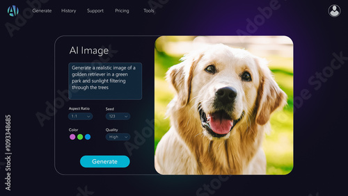 Concept of AI Chatbot Interface Generate a Detailed 3D Model of a Cute Picture of Golden Retriever Dog. Design for Product Visualization, Production. AI Ecommerce Creative Digital Design for eCommerce photo