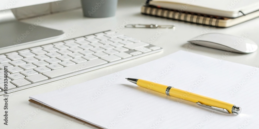Minimalist desk with yellow pen and paper, yellow, simple, paper, clean Minimalist desk with yellow pen and paper, yellow, simple, paper, clean