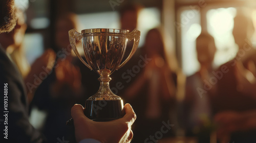 close up of trophy being handed to recipient, surrounded by cheering crowd. atmosphere is celebratory and filled with joy