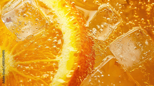 Close up photo of refreshing orange juice with ice cubes and bubbles. vibrant color and texture create thirst quenching appeal, perfect for summer