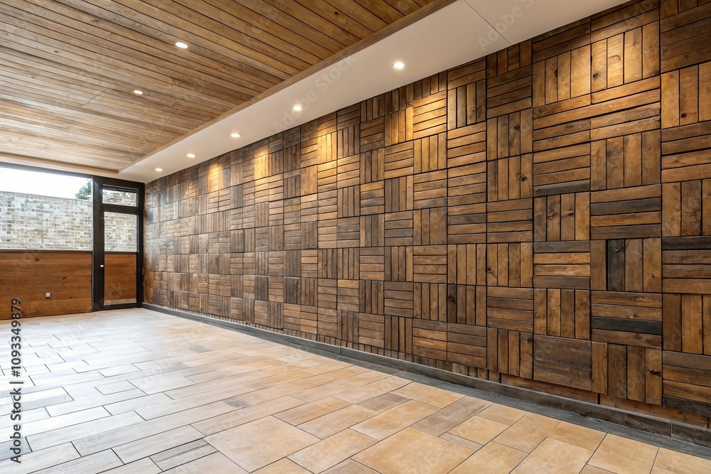 Fototapeta premium Burnt wood style tile design on wooden wall, wooden walls, earthy tile