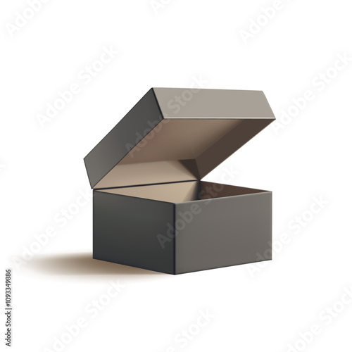 Realistic open dark box with lid, 3D. For concepts of packaging goods and products. Advertising and branding. Vector illustration.
