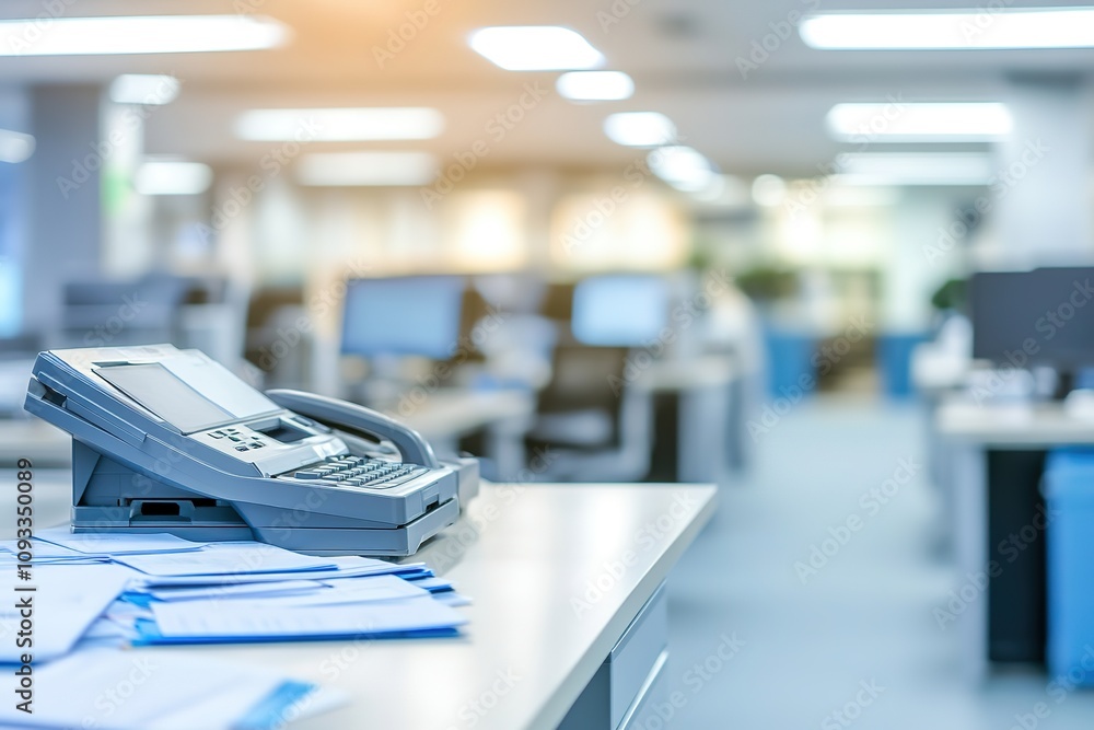 Office phone on desk with blurred background of workspace Office phone on desk with blurred background of workspace