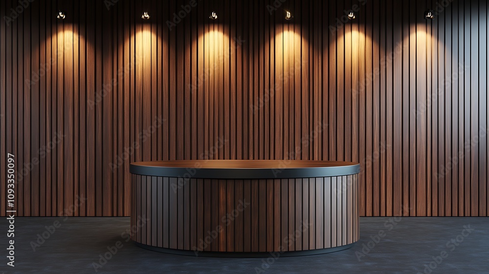 A sturdy podium with a deep, dark base and a stylish wood-grained tabletop, gently illuminated by soft lighting A sturdy podium with a deep, dark base and a stylish wood-grained tabletop, gently illuminated by soft lighting