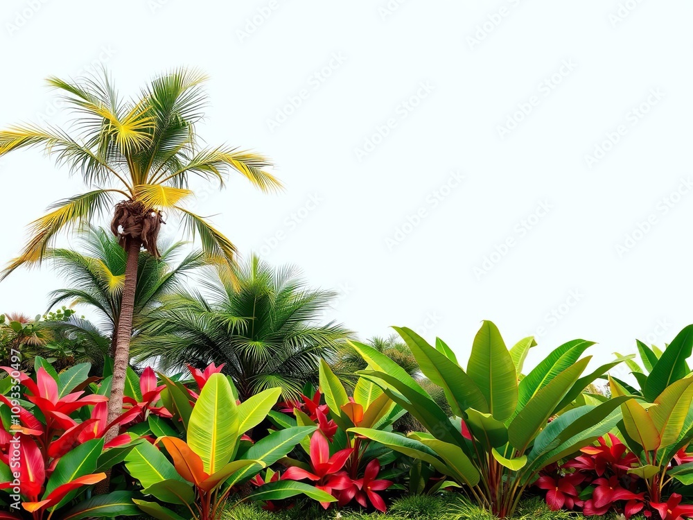 Fototapeta premium Palm Trees and Monstera Leaves in a Colorful Exotic Garden, monstera, verdant environment, botanical illustration