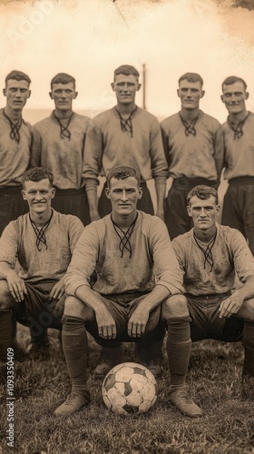 Historic Soccer Team Portrait from the Early 1900s Capturing Players in Vintage Uniforms with a Classic Football