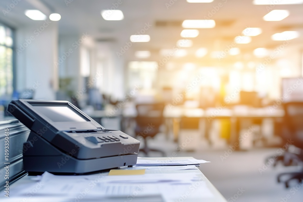 Office printer on desk with sunlit workspace in background Office printer on desk with sunlit workspace in background