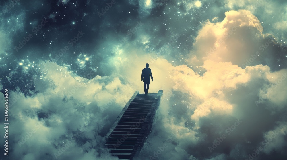 a man climbs the stairs against a background of clouds concepts a man climbs the stairs against a background of clouds concepts