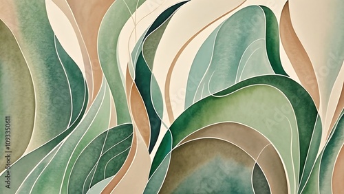 Abstract watercolor painting of flowing, organic shapes in calming greens and beige tones.