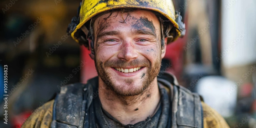 A happy smiling worker dressed in safety gear, covered with dirt and grime from work A happy smiling worker dressed in safety gear, covered with dirt and grime from work